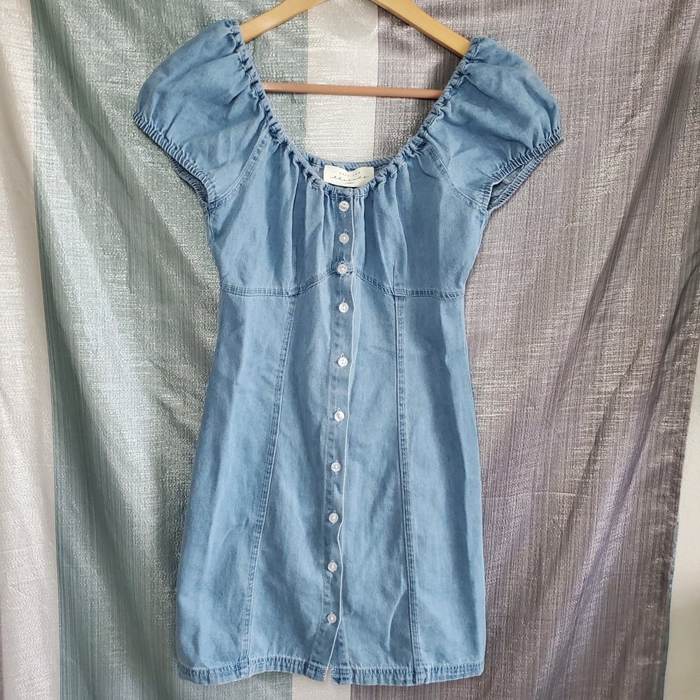 American‎ Threads Denim Milkmaid Button Down Mini Dress XS 90s babydoll